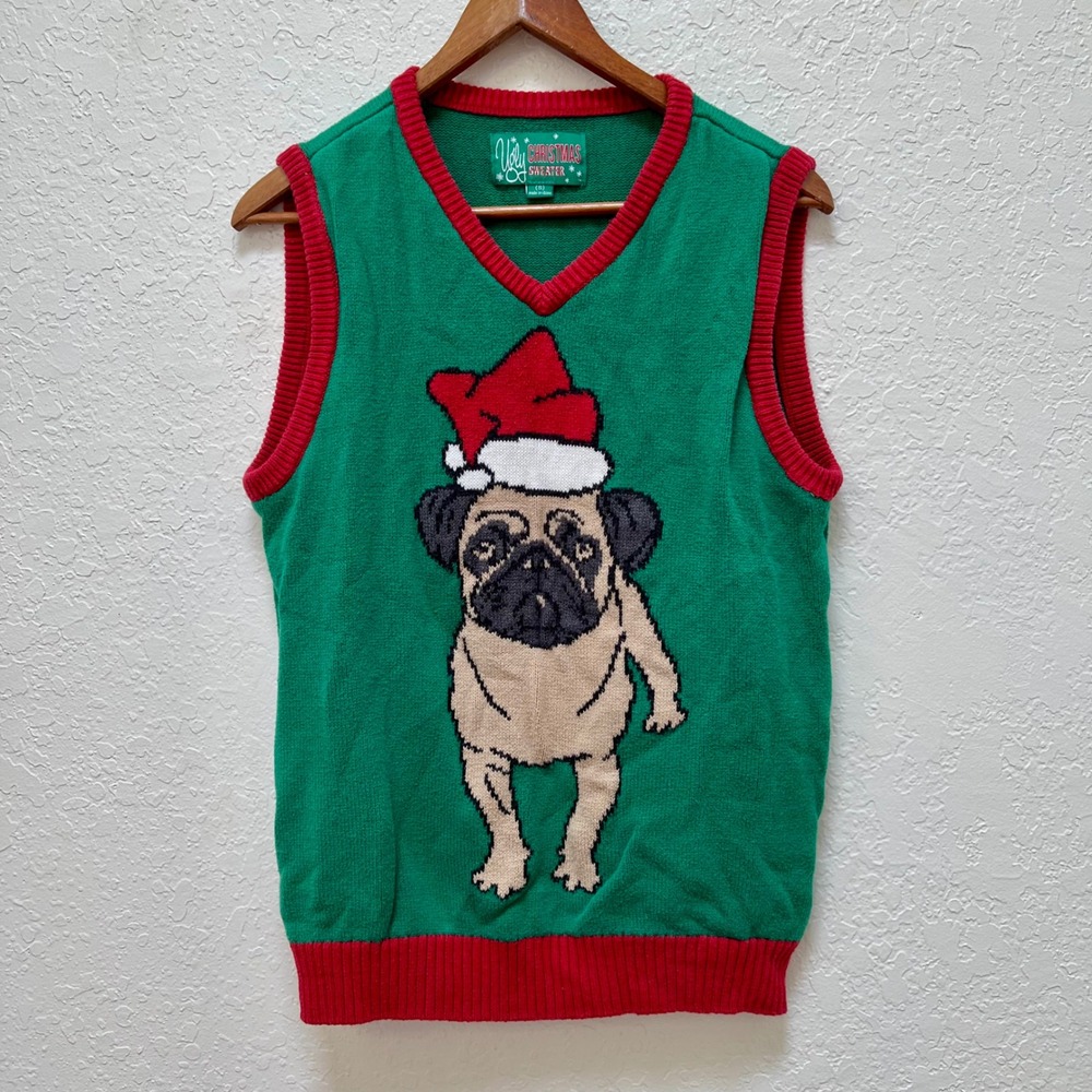 Ugly Christmas Sweater Pug Santa Hat Green Red Knit Vest Womens Small Festive